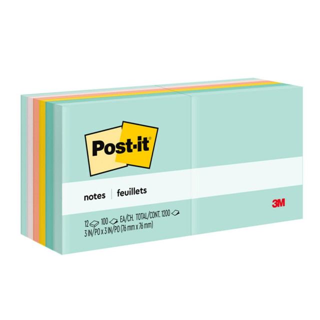 3M CO 654-AST Post-it Notes, 12 Pads, 3 in x 3 in, Clean Removal, School Supplies and Office Products, Sticky Notes for Vertical Surfaces, Monitors, Walls and Windows, Beachside Cafe Collection