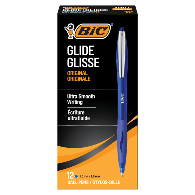 Experience ultra smooth writing with BIC Glide Retractable Ballpoint Pens (formerly BIC Atlantis Pen). These 1.6mm medium point BIC ballpoint pens are great for everyday writing at work, school or home for all of your writing needs. With ultra smooth writing, they're the ideal BIC ball point pens for writing lists, taking notes, journaling and more. BIC Glide Retractable Ballpoint Pens are a smart choice for school supplies. Write easily with these retractable ballpoint pens, which have a comfortable rubber grip. Plus, the clip easily attaches to pockets, notebooks and more for quick access to your BIC Ballpoint pen on the go. Designed for convenience, BIC ballpoint pens let you start writing with just one click. Every pen in this BIC pens pack has a rubber grip for your comfort. Looking for reliable pens for school or office supplies? Choose BIC Glide Retractable Ballpoint Pens for a high-quality, affordable product you can trust.  Everyday, smooth-click retractable BIC ballpoint pen  Each BIC ballpoint pen has rubber grip for comfort and control  Convenient retractable BIC ballpoint pen for easy one-click operation  Sleek retractable BIC ballpoint pen ideal for long writing sessions  BIC Glide ballpoint pens are available in 0.7mm, 1.0mm and 1.6mm point sizes  Includes 12 med-point, blue-ink pens.  Refillable - designed to be used repeatedly, helping you avoid single-use disposables and potentially save money.