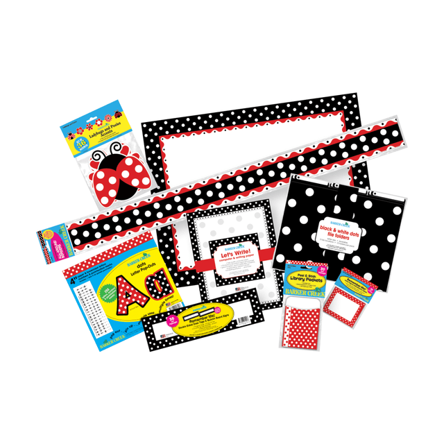 Bring excitement and style to your classroom with this set of themed decorations! Each set contains a variety of items, so you can accessorize multiple areas of your room.  Design inspires fun and creativity in your classroom.  Suitable for classrooms from pre-K to college.  477-piece set. Includes black and white dot printer paper, file folders and desk tags. Also features red and white dot name tags and peel and stick library folders.  Festive ladybug and posy accents are perfect for springtime or anytime.