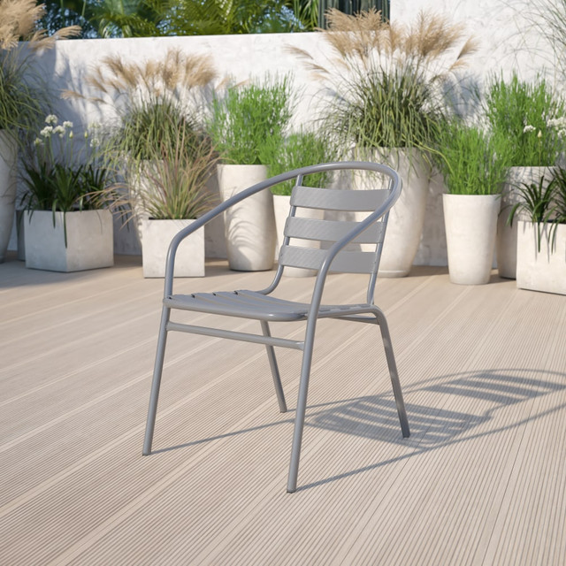FLASH FURNITURE TLH017C Metal Slat-Back Restaurant Stack Chair, 28-1/2inH x 21-1/2inW x 24inD, Silver FLASH FURNITURE TLH017C Metal Slat-Back Restaurant Stack Chair, 28-1/2inH x 21-1/2inW x 24inD, Silver