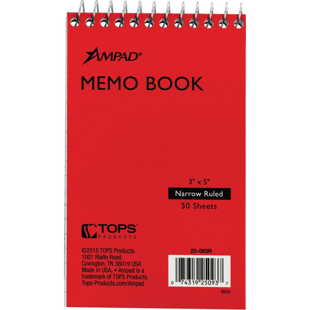 TOPS BUSINESS FORMS Ampad 25093  Topbound Memo Book, 50 Sheets, 3in x 5in