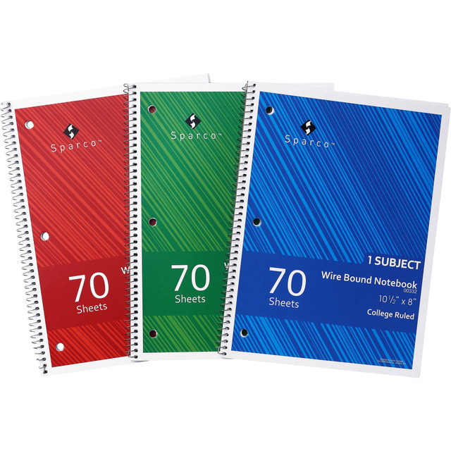 SP RICHARDS 00332 Sparco Wirebound Notebooks, 8in x 10 1/2in, College Ruled, 70 Sheets, Assorted Colors, Pack Of 3