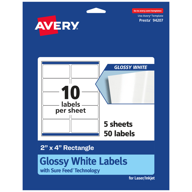 AVERY PRODUCTS CORPORATION Avery 94207-WGP5  Glossy Permanent Labels With Sure Feed, 94207-WGP5, Rectangle, 2in x 4in, White, Pack Of 50