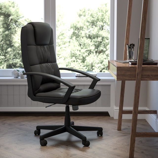 Stay on task while seated in the Flash Furniture Flash Fundamentals LeatherSoft High-Back Task Chair. This modern office chair boasts ample support, including built-in lumbar support that cradles your spine during long periods of sitting. Utilize the 360 deg. swivel to keep an eye on everything that happens in your office.  Overall Dimensions: 46inH x 28-1/2inW x 28-1/2inD.  Weight capacity tested to support 250 lb.  High back office chair.  Padded seat.  LeatherSoft upholstery.  Lumbar support.  Built-in headrest.  Seat height adjustments.  Tilt lock and tilt tension.  Padded armrests.  360 deg. swivel.  5-star nylon base with dual wheel casters.  Assembly required.  Tested to meet ANSI/BIFMA Performance Standards - Manufacturer testing has been conducted on this product to meet specific performance requirements and safety standards set forth by the American National Standards Institute (ANSI) and the Business and Institutional Furniture Manufacturers.  Faux Leather is a synthetic material. See specs for details.