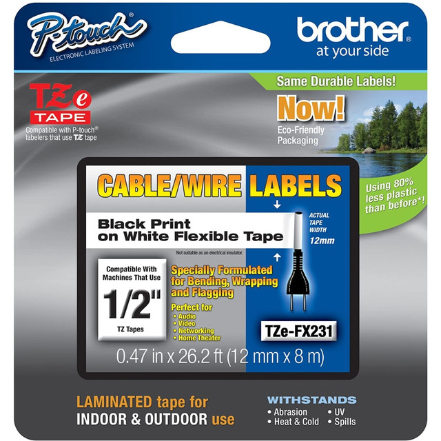 BROTHER INTL CORP TZeFX231CS Brother TZe-FX231CS Black-On-White Tape, 0.5in x 26.2ft