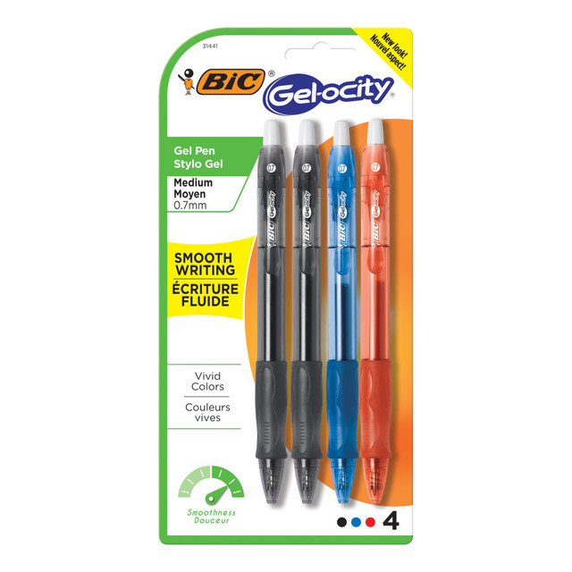 BIC CORP RLCP41-AST BIC Gel-ocity Retractable Gel Ink Rollerball Pens, Medium Point, 0.7 mm, Assorted Barrels, Assorted Ink Colors, Pack Of 4