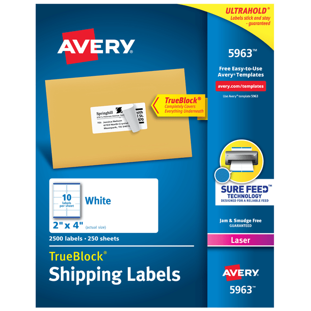 AVERY PRODUCTS CORPORATION 5963 Avery TrueBlock Shipping Labels With Sure Feed Technology, 5963, Rectangle, 2in x 4in, White, Pack Of 2,500 AVERY PRODUCTS CORPORATION 5963 Avery TrueBlock Shipping Labels With Sure Feed Technology, 5963, Rectangle, 2in x 4in, White, Pack Of 2,500