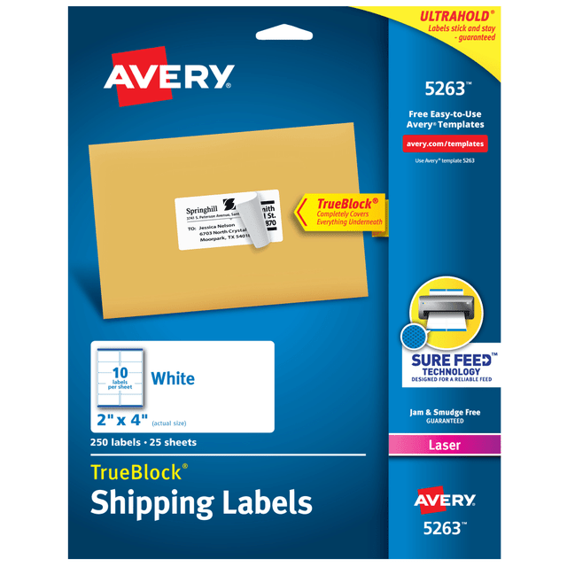 AVERY PRODUCTS CORPORATION 5263 Avery TrueBlock Shipping Labels With Sure Feed Technology, 5263, Rectangle, 2in x 4in, White, Pack Of 250 AVERY PRODUCTS CORPORATION 5263 Avery TrueBlock Shipping Labels With Sure Feed Technology, 5263, Rectangle, 2in x 4in, White, Pack Of 250