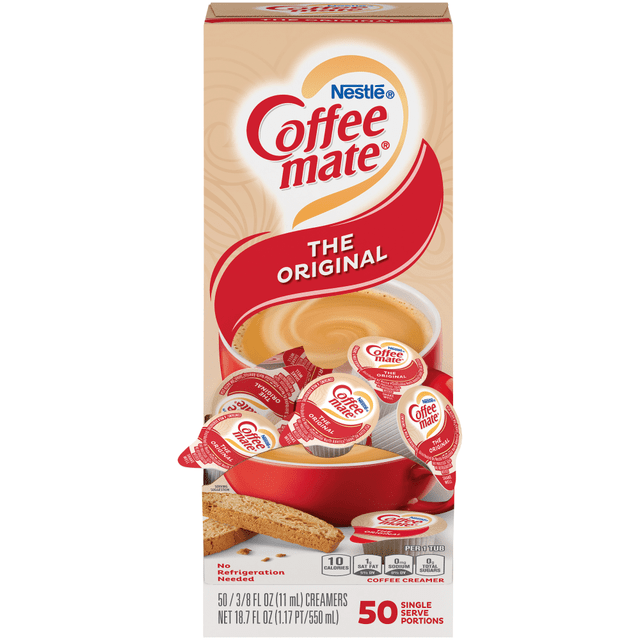 Add a splash of excitement to any cup with these convenient Coffee-mate single serve creamers. Ideal for office breakrooms, hotel rooms, buffet breakfasts or for simply packing in your purse to personalize your takeout coffees, these little jiggers are packed with flavor.  Deliciously rich, velvety smooth classic with bright vanilla notes  Nondairy liquid in convenient, single-serve packets great for home or to-go  Use in the office and foodservice establishments for a simple, coffee creamer solution  Lactose-free, cholesterol-free, gluten-free and kosher dairy  No refrigeration necessary  Creamy, rich and subtle, Original flavor Coffee-mate creamer is a must in any kitchen cupboard.  Carton of 50 single serve tubs.