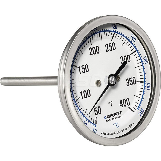 Ashcroft 759426070905 Bimetal Dial Thermometer: 50 to 400 ° F, 3" Dial Dia, 6" Stem Length