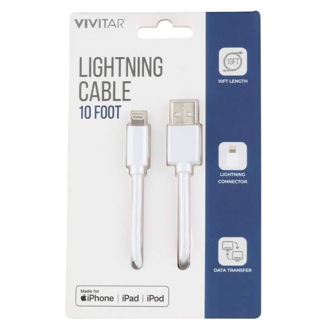 SAKAR INTERNATIONAL, INC. NIL1010-WHT-STK-24 Vivitar Lightning To USB-A Cable, 10ft, White, NIL1010-WHT-STK-24