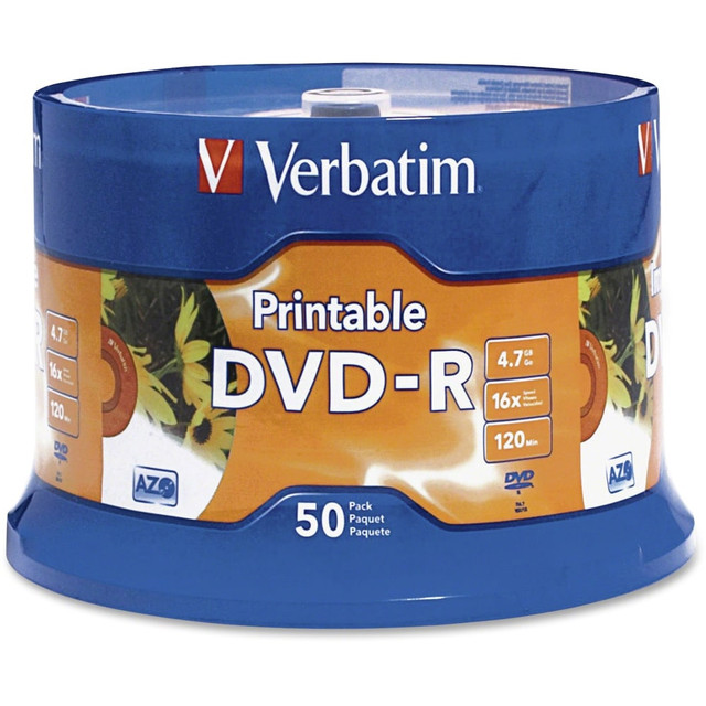 VERBATIM AMERICAS LLC Verbatim 95137  K44547 White Inkjet-Printable DVD-R Discs, Spindle Of 50