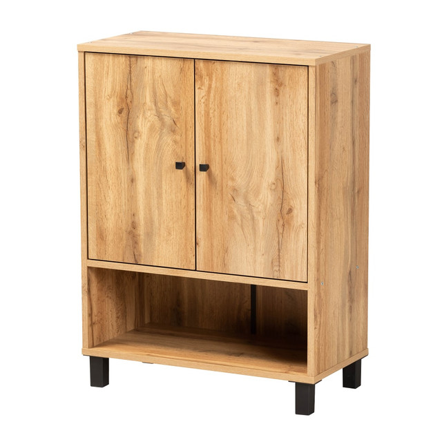 WHOLESALE INTERIORS, INC. 2721-11688 Baxton Studio Rossin 2-Door Entryway Shoe Storage Cabinet With Bottom Shelf, Oak/Black WHOLESALE INTERIORS, INC. 2721-11688 Baxton Studio Rossin 2-Door Entryway Shoe Storage Cabinet With Bottom Shelf, Oak/Black
