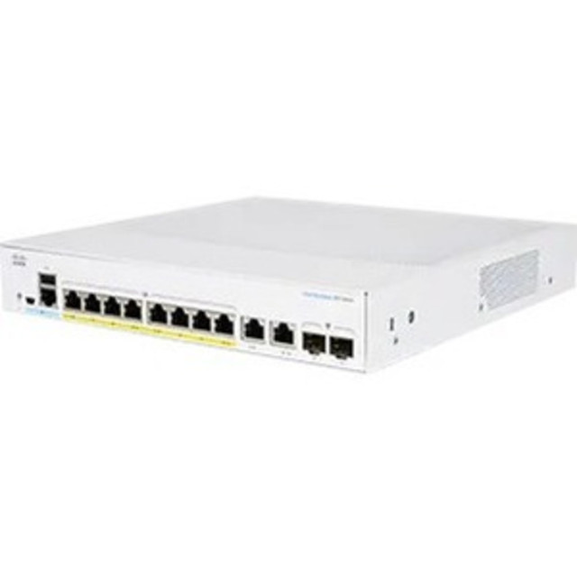 CISCO CBS350-8P-E-2G-NA  350 CBS350-8P-E-2G Ethernet Switch - 10 Ports - Manageable - 2 Layer Supported - Modular - 2 SFP Slots - 14.31 W Power Consumption - 67 W PoE Budget - Optical Fiber, Twisted Pair - PoE Ports - Rack-mountable - Lifetime Limite