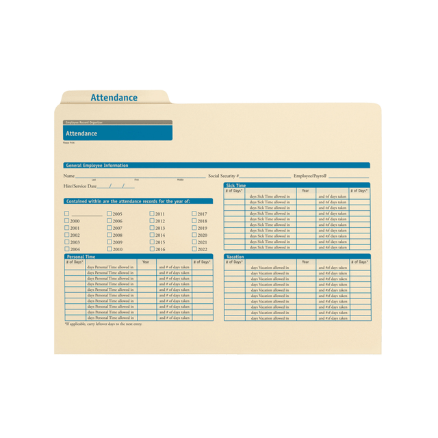 TAX FORMS PRINTING, INC. A0308 ComplyRight Attendance Folders, 11 3/4in x 9 1/2in, Manila, Pack Of 25