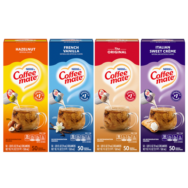 Add some variety to your breakroom with this selection pack of Coffee-mate creamers. With rich, creamy Original, sweetly sophisticated Italian Sweet Cream, nutty, warming Hazelnut and elegant French Vanilla flavors on offer every member of the team is treated to their favorite.  Variety pack ensures every taste is catered for.  No refrigeration or frequent re-stocking required.  Single-serve jiggers each contain just the right amount of creamer for a cup.  Supplied in branded, labeled dispensers for easy and neat storage and organization.  Liquid creamer stirs easily into your coffee with no powdery residue or lumps.  Non-dairy creamer is free from lactose and cholesterol.  Substitutions may be made based on product availability.  Case of 4 packs, each pack contains 50 single serve tubs.