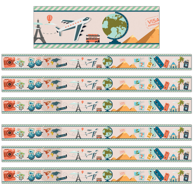 Decorate your bulletin boards and classroom walls with these Carson Dellosa Education Straight Borders. These borders can be cut and layered together so you can mix and match designs and customize the look of your classroom.  Printed on thick, flexible paper.  Easy to customize and add style to bulletin boards, desks, storage and more.  Borders can be cut and layered to add dimension or used individually.  Each pack includes 12 border strips. Sold as 6 packs for a total of 72 strips.