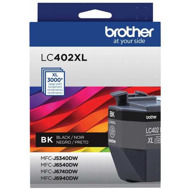 Compatible Brother models: MFC : MFC-J5340DW US model, MFC-J6540DW Amer Model, MFC-J6740DW, MFC-J6940DW Amer Model.  .  Manage a busy workday with help from the Brother LC402XL High-Yield Black Ink Cartridge. This inkjet cartridge helps you print up to 3,000 pages.  Yields up to 3,000 pages.  Sharp print quality from inkjet printers.  Helps Avoid Waste - Designed for extended use, helping reduce or eliminate material use and potentially save money.  Recycling solution - designed to encourage recycling, helping you divert materials from landfill.