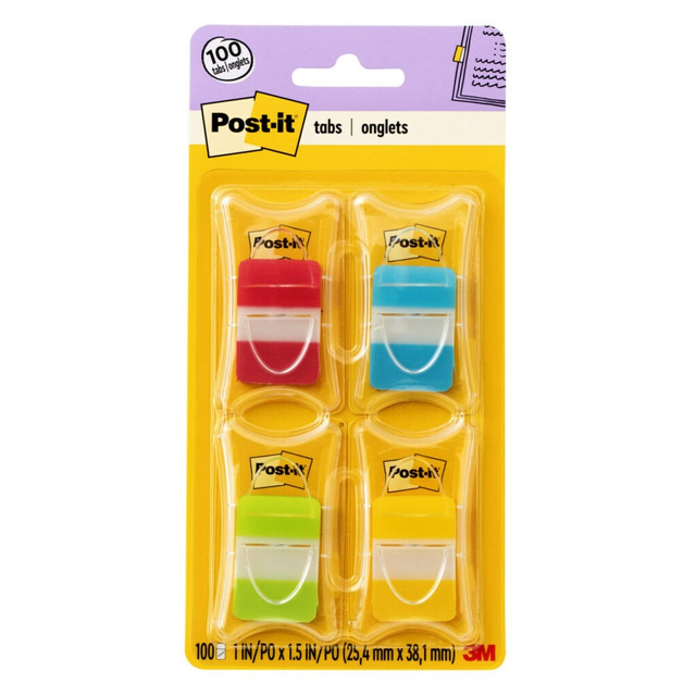 Post-it Tabs Value Pack in 1 inch size create necessary order by easily organizing notebooks and binders into sections. Solid color bars give you flexibility to organize by color. Tabs are durable, you can write on them, and reposition as needed. They are also great for planners and file folders. Tabs stick securely and remove cleanly. Red, Aqua, Lime and Yellow. Contains 25 Tabs/Color, 25 tabs/Dispenser, 4 Dispensers/Pack  Post-it Tabs create order  Easily organize notebook pages into sections  Red, Aqua, Lime and Yellow tabs give you flexibility to organize by color  Durable. Writable. Repositionable  Also great for planners, binders, and file folders  Sticks securely, removes cleanly  Red, Aqua, Lime and Yellow. 25/Color, 25/Dispenser, 4 Dispensers/Pack