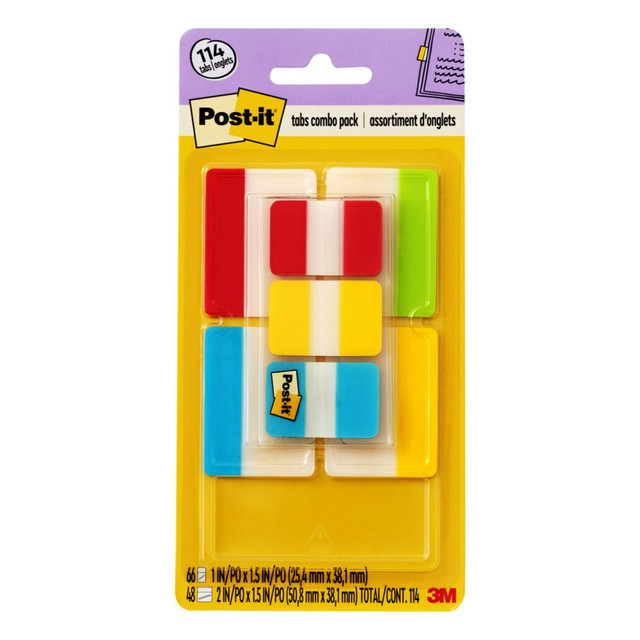 Post-it Tabs Value Pack in 1 inch and 2 inch sizes create necessary order by easily organizing planners and calendars into sections. Solid color bars give you flexibility to organize by color. Tabs are durable, you can write on them, and reposition as needed. They are also great for notebooks, binders and file folders. Tabs stick securely and remove cleanly. Red, Green, Blue and Yellow. This value pack contains 12 Tabs/Color in 2 inch size and 22 Tabs/Color.  Post-it Tabs create order  Easily organize planners and calendars into sections  Red, Green, Blue and Yellow color bar tabs give you flexibility to organize by color  Durable. Writable. Repositionable  Also great for notebooks, binders, and file folders  Sticks securely, removes cleanly