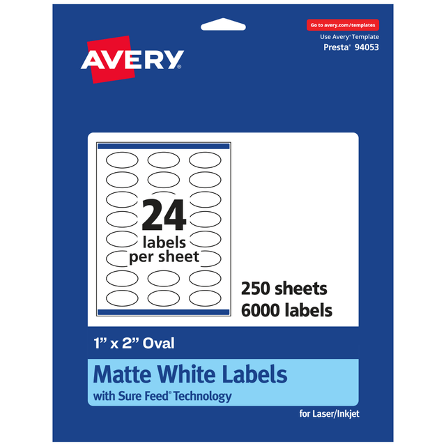 AVERY PRODUCTS CORPORATION 94053-WMP250 Avery Permanent Labels With Sure Feed, 94053-WMP250, Oval, 1in x 2in, White, Pack Of 6,000 AVERY PRODUCTS CORPORATION 94053-WMP250 Avery Permanent Labels With Sure Feed, 94053-WMP250, Oval, 1in x 2in, White, Pack Of 6,000