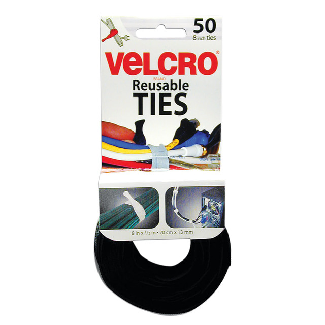 VELCRO USA INC 90924 VELCRO Brand Reusable Ties, 8in, Black/Gray, Pack Of 50