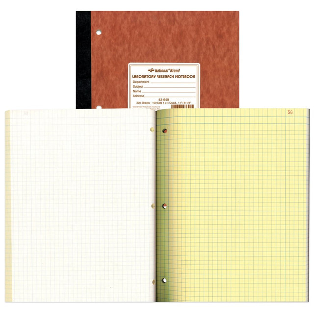 This laboratory research notebook is designed for laboratory note-taking and record keeping. The notebook includes National graph paper that features 4 squares per inch on the front of each page and blank space on the back for simple note-taking.  First sheet is bound and duplicate is perforated.  Numbered sets are quad ruled with 4 x 4 squares per inch on the front and plain on the back.  Genuine pressboard covers for durability.  This brown quadrille notebook offers easy note-taking and planning.