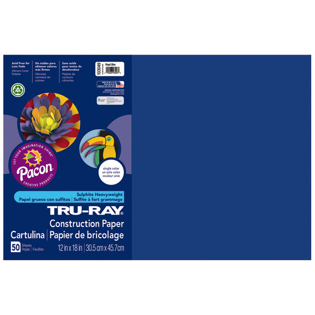 PACON CORPORATION 103049 Tru-Ray Construction Paper, 50% Recycled, 12in x 18in, Royal Blue, Pack Of 50