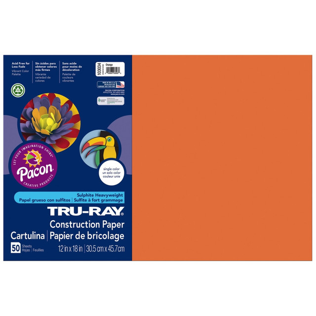 Bring vibrant color to bulletin boards and art projects with this Tru-Ray construction paper. The acid-free, fade-resistant hue delivers lasting good looks, while the strong fibers and a 100 percent vat-dye process gives each sheet added strength to help resist curling, cracking and tearing. This Tru-Ray construction paper comes in a generous pack, providing a convenient supply for classroom use.  Heavyweight paper is ideal for a range of crafts, including scoring.  Acid-free sheets resist fading for enduring quality.  100 percent vat-dyed sulphite resists tearing and curling.  Paper is 12in x 18in in a pack of 50 orange sheets.  Contains Recycled Content - See Specs for Details.