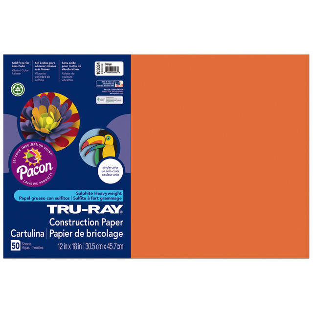 PACON CORPORATION Tru-Ray 103034  Construction Paper, 50% Recycled, 12in x 18in, Orange, Pack Of 50