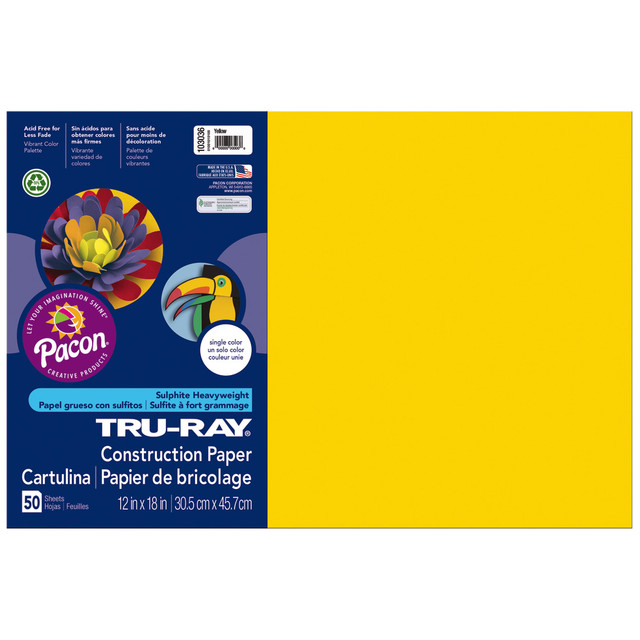 PACON CORPORATION 103036 Tru-Ray Construction Paper, 50% Recycled, 12in x 18in, Yellow, Pack Of 50