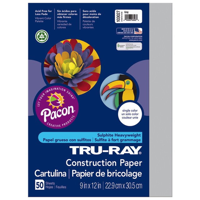 PACON CORPORATION Tru-Ray 103027  Construction Paper, 50% Recycled, 9in x 12in, Gray, Pack Of 50
