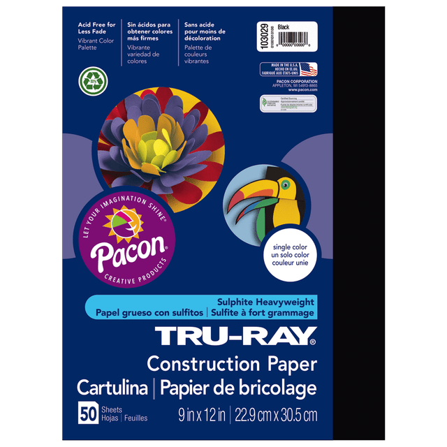 PACON CORPORATION Tru-Ray 103029  Construction Paper, 50% Recycled, 9in x 12in, Black, Pack Of 50