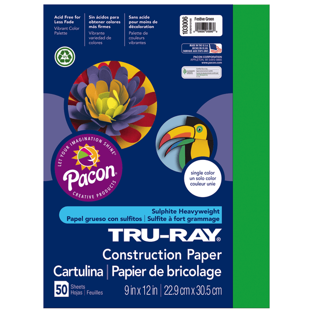 PACON CORPORATION Tru-Ray 103006  Construction Paper, 50% Recycled, 9in x 12in, Festive Green, Pack Of 50