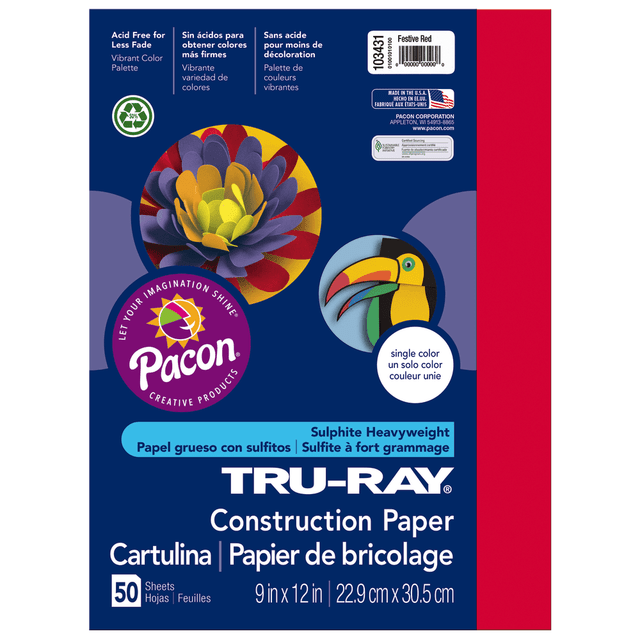 Bring vibrant color to bulletin boards and art projects with this Tru-Ray construction paper. The acid-free, fade-resistant hue delivers lasting good looks, while the strong fibers and a 100 percent vat-dye process gives each sheet added strength to help resist curling, cracking and tearing. This Tru-Ray construction paper comes in a generous pack, providing a convenient supply for classroom use.  Heavyweight paper is ideal for a range of crafts, including scoring.  Acid-free sheets resist fading for enduring quality.  100 percent vat-dyed sulphite resists tearing and curling.  Paper is 9in x 12in in a pack of 50 festive red sheets.  Contains Recycled Content - See Specs for Details.