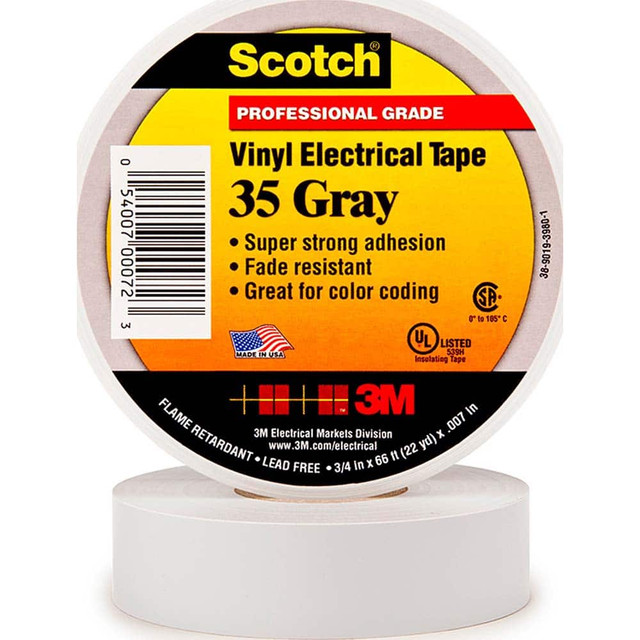 3M 7000132640 Electrical Tape: 1/2" Wide, 20' Long, 7 mil Thick, Gray