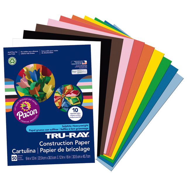 PACON CORPORATION 103031 Tru-Ray Construction Paper, 50% Recycled, Assorted Colors, 9in x 12in, Pack Of 50