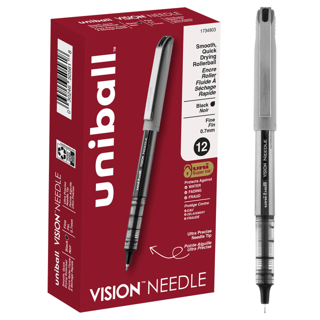 Fine point rollerball pens feature a strong, long lasting tip, helping you write letters, numbers and lines with great precision  Colored pens bring creativity and flair to a variety of projects, including artwork, sketching or journaling  uni Super Ink makes a strong bond with the paper, offering protection against water, fading and fraud  This liquid ink rollerball pen has Uni-Flow Free Ink System for fast-flowing ink that allows quick, smooth and efficient writing  Durable metal clip ensures that your favorite fine point pens are always at hand  Includes fine-point, black-ink pens in a 12-pack.  Features gray barrels and black ink.
