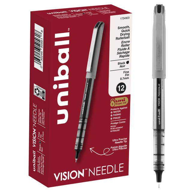 Fine point rollerball pens feature a strong, long lasting tip, helping you write letters, numbers and lines with great precision  Colored pens bring creativity and flair to a variety of projects, including artwork, sketching or journaling  uni Super Ink makes a strong bond with the paper, offering protection against water, fading and fraud  This liquid ink rollerball pen has Uni-Flow Free Ink System for fast-flowing ink that allows quick, smooth and efficient writing  Durable metal clip ensures that your favorite fine point pens are always at hand  Includes fine-point, black-ink pens in a 12-pack.  Features gray barrels and black ink.