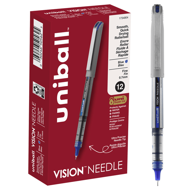 NEWELL BRANDS INC. 1734904 uni-ball Vision Needle Liquid Ink Rollerball Pens, Fine Point, 0.7 mm, Gray Barrel, Blue Ink, Pack Of 12