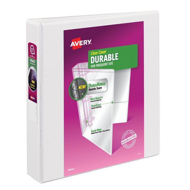 Designed with toughness and durability in mind, the Avery Durable View binder stands strong where many basic binders fall apart. Its sturdy exterior features a tear-resistant spine (DuraHinge) and more flexible, split-resistant edges (DuraEdge). Durable binders are also fully adhered with a deep-weave polypropylene cover that is resistant to bubbling, surface wrinkles, and is tear-resistant.  Designed to be stronger and more durable than basic binders, this binder features a tear-resistant spine (DuraHinge) and more flexible, split-resistant edges (DuraEdge).  Great for frequent use. This 3 ring Durable View binder is great for use as a set to organize home paperwork, important documents, tax papers, classroom projects or to organize information for multiple meeting attendees.  Free templates. Customize your view binder spine, front and back covers with hundreds of free binder templates and designs at avery.com/templates.  Slant rings and two interior pockets. This 3 ring binder has plenty of room to hold lots of paper and two interior pockets also help to keep loose papers secure!  Durable view binder allows for customization on spine, front and back covers.  Hold plenty of sheets of paper with this 8 1/2in x 11in letter-size with 1 1/2in rings binder.  Organize and secure your documents with the white Avery binder.  UL Claim Validation - UL environmental claim validations lend third-party credibility to single-attribute environmental claims.  Contains Recycled Content - See Specs for Details.