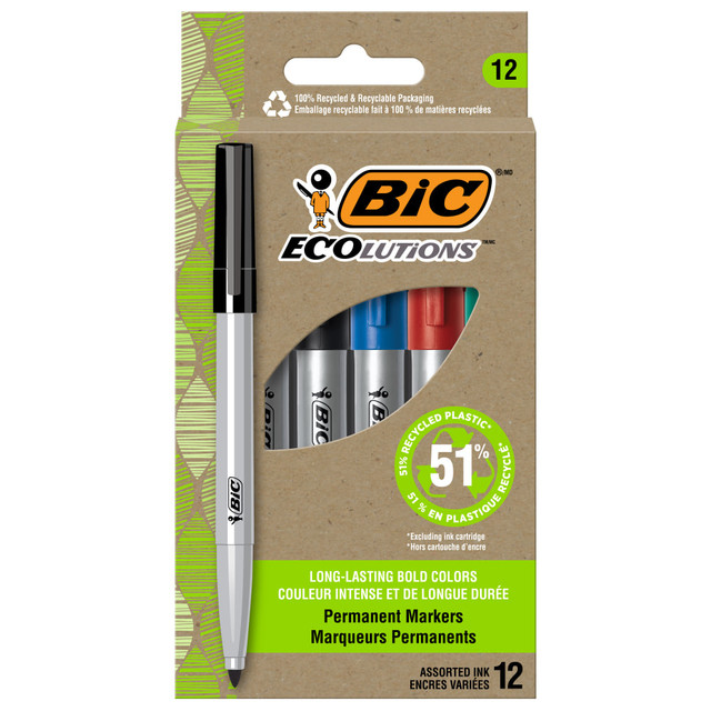 BIC CORP PMER12-AST BIC Ecolutions Permanent Markers, Fine Point, 51% Recycled, Silver Barrels, Assorted Ink, Pack Of 12 Markers
