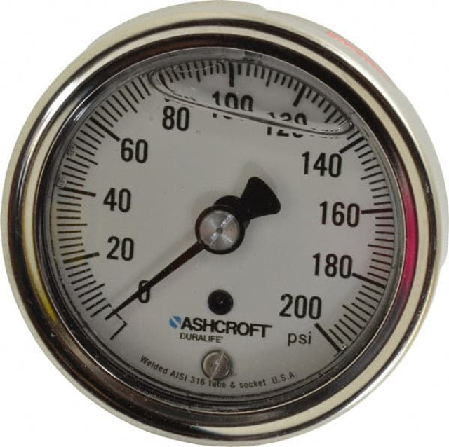 Ashcroft 83185 Pressure Gauge: 2-1/2" Dial, 0 to 200 psi, 1/4" Thread, NPT, Center Back Mount