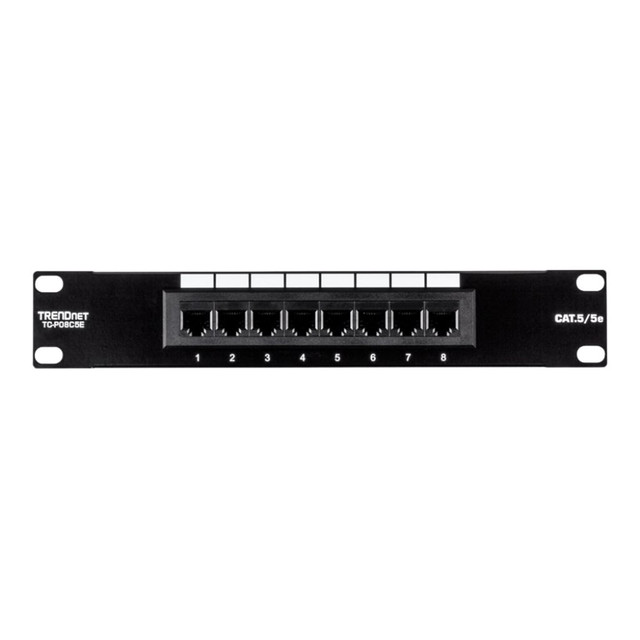 TRENDNET INC. TRENDnet TC-P08C5E  8-Port Cat5/5e Unshielded Patch Panel, TC-P08C5E, Wallmount or Rackmount, 10 Inch Wide, 8 x Gigabit RJ-45 Ethernet Ports, 100 Mhz Connection, Color Coded Labeling, 110 IDC Terminal Blocks - 8-Port Cat. 5e Unshielded 