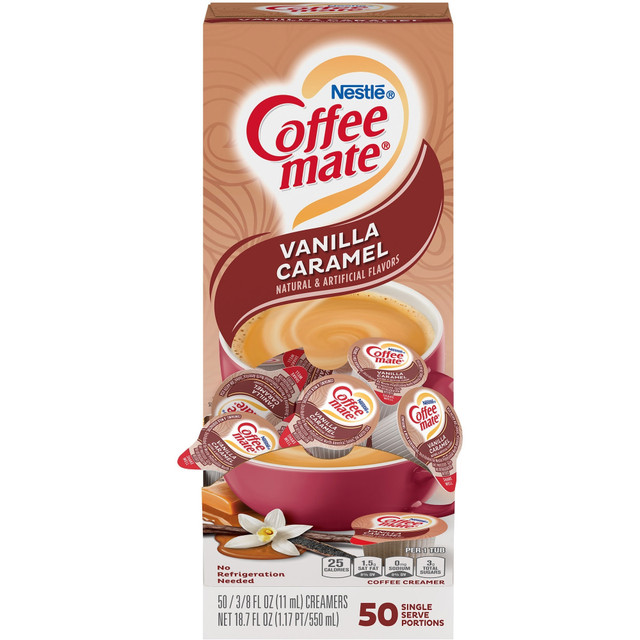 Add a splash of excitement to any cup with these convenient Coffee-mate single serve creamers. Ideal for office breakrooms, hotel rooms, buffet breakfasts or for simply packing in your purse to personalize your takeout coffees, these little jiggers are packed with flavor.  Deliciously rich, velvety smooth classic with bright vanilla notes  Nondairy liquid in convenient, single-serve packets great for home or to-go  Use in the office and foodservice establishments for a simple, coffee creamer solution  Lactose-free, cholesterol-free, gluten-free and kosher dairy  No refrigeration necessary  Sweet Vanilla Caramel flavor creamer for a rich, distinctive coffee treat.  Carton of 50 single serve tubs.
