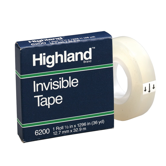 3M CO Highland 6200-1/2X1296PK12 3M Highland 6200 Invisible Tape, 1/2in x 1,296in, Clear, Pack Of 12