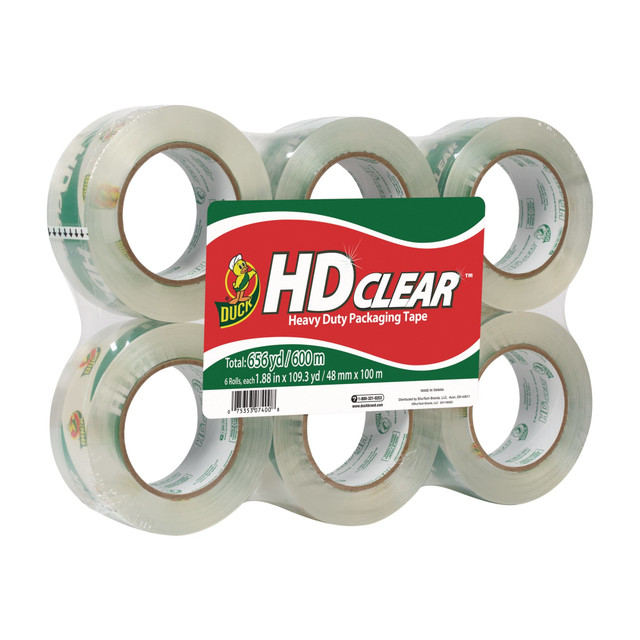 Finish your packages with Duck Brand HD packaging tape. Not only does this packing tape keep boxes sealed and secure, but it also helps them look good, too. The HD Clear design offers a smooth, clean appearance that doesnT obscure important labels and illustrations. Plus, the adhesive boasts a long shelf life thats great for putting boxes into storage.  Handles heavy-duty applications.  HD Clear tape can go on top of shipping labels.  UV-resistant design prevents yellowing.  Adhesive bond gets stronger with time.  Rated for 14 deg. to 140 deg. temperatures.  Great for storage.  Meets U.S. postal regulations.  Includes multiple rolls of Duck packing tape.