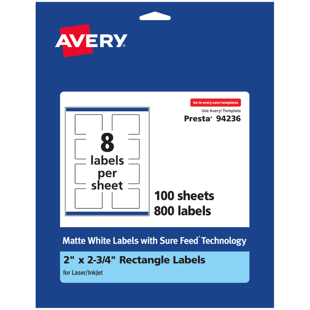 AVERY PRODUCTS CORPORATION 94236-WMP100 Avery Permanent Labels With Sure Feed, 94236-WMP100, Rectangle, 2in x 2-3/4in, White, Pack Of 800 AVERY PRODUCTS CORPORATION 94236-WMP100 Avery Permanent Labels With Sure Feed, 94236-WMP100, Rectangle, 2in x 2-3/4in, White, Pack Of 800