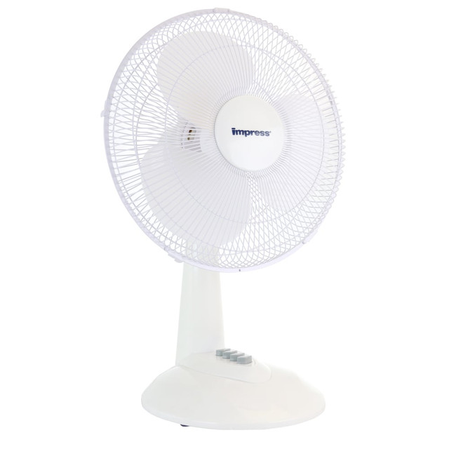 CRYSTAL PROMOTIONS 99580477M Impress Oscillating 3-Speed Table Fan, 15inH x 12inW x 12inD, White