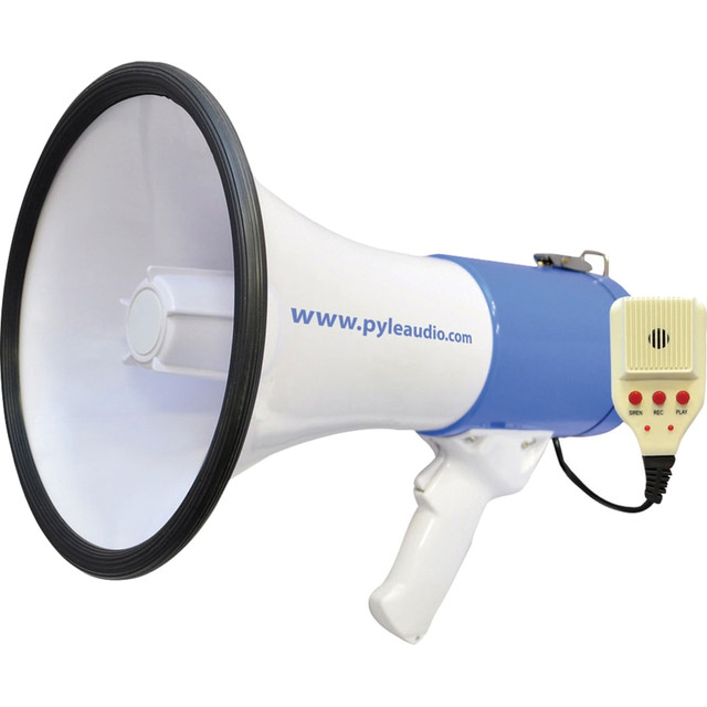 Make announcements clearly with the Pyle 50W Megaphone Bullhorn With Record/Siren/Talk Modes. An integrated 3.5mm aux input allows you to plug in your compatible device and broadcast digital audio or music for everyone to hear.  Ergonomic pistol grip and lightweight chassis for durability.  Offers 50W of power.  Dynamic 1,200-yard range.  Choose from 3 audio modes: record, siren and talk.  Records and replays audio for quick messages.  Boasts a 10-second integrated audio memory.  Integrated 3.5mm aux input works with iPod, MP3 players, smartphones and other compatible devices.  Plug-in handheld microphone.  Supports indoor and outdoor use.  Built-in rechargeable battery.  Includes a charger.  Backed by the manufacturers 1-year limited warranty.